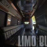 Spacious leather seating and high-end finishes inside the Mercedes Sprinter party bus for 15 passengers.