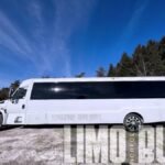 White 30-passenger party bus under blue skies, designed for luxury group travel, weddings, and events in Norfolk and Southern Ontario.