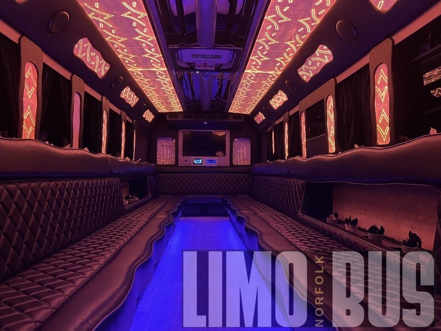 Spacious 30-passenger party bus interior with LED ceiling lights, leather seating, and nightclub-style atmosphere, available from Limo Bus Norfolk.
