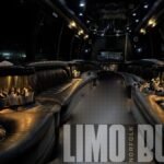 LED-lit ceiling and premium black leather seating inside a 30-passenger luxury party bus available in Norfolk.