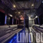 Elegant 38-passenger party bus interior with black leather seating and a sparkling LED-lit ceiling for a luxurious travel experience.