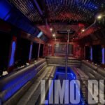 Party pole, plush leather seats, and mood lighting inside a 38-passenger luxury party bus, available for rent in Norfolk.
