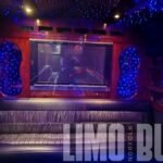 Large TV entertainment system and leather sofa seating inside a luxury 38-passenger party bus serving Norfolk and surrounding areas.